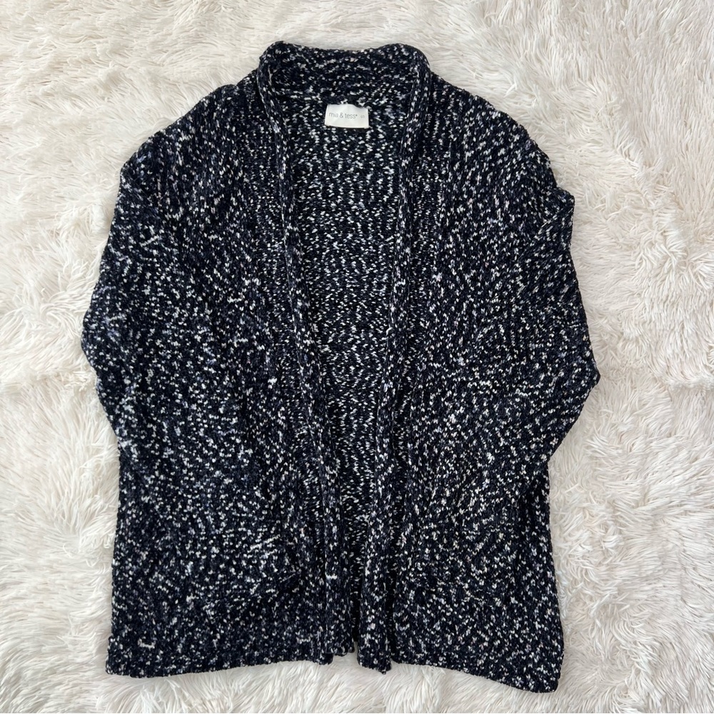 Mia & Tess chenille navy open front cardigan marled white, blue flecks Sz S